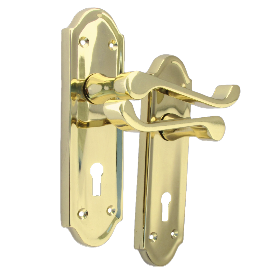 Ashford Door Handle Key Lock Scroll Lever - Polished Brass Key Lock Pack