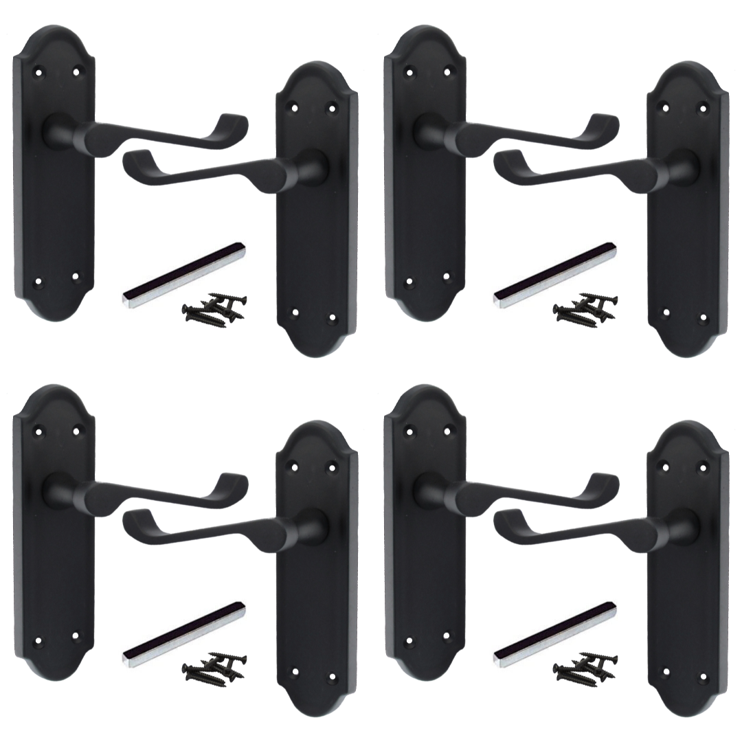 MULTIPACK Door Handles Ashford Matt Black Latch Brass Scroll Lever 1/4/6 Pairs