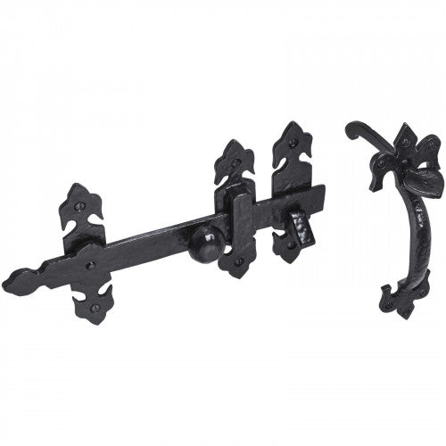 Thumb Gate Latch Fleur de LYS Black Antique 203mm Old Hill Iron Garden Cottage + Fixings