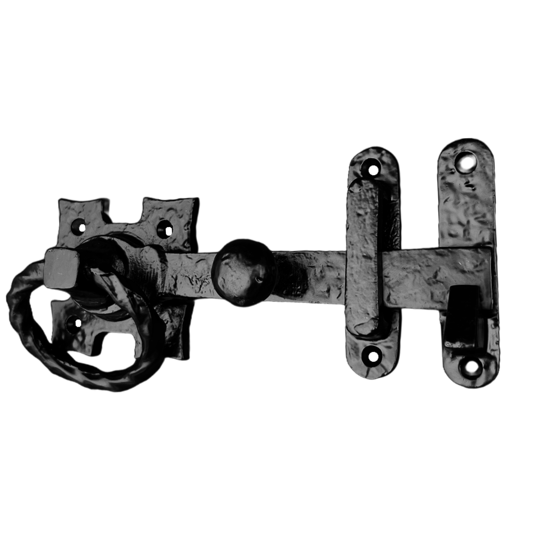 Twisted Ring Gate Latch Square Fleur de Lys Black Antique 200mm Garden Cottage