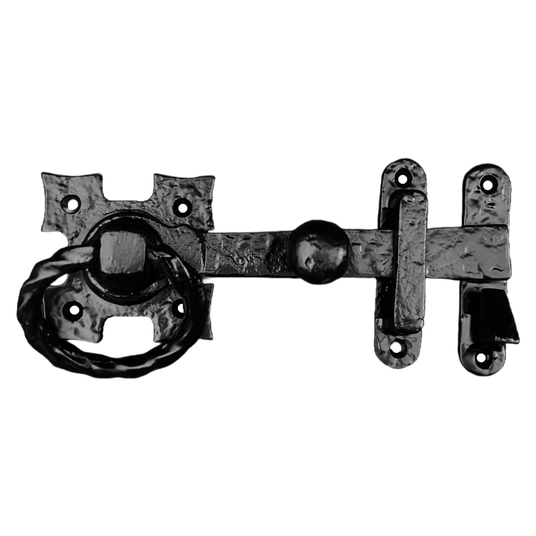 Twisted Ring Gate Latch Square Fleur de Lys Black Antique 200mm Garden Cottage