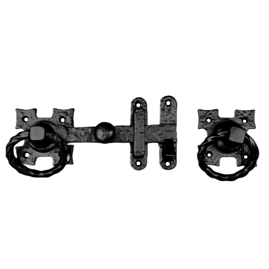 Twisted Ring Gate Latch Square Fleur de Lys Black Antique 200mm Garden Cottage