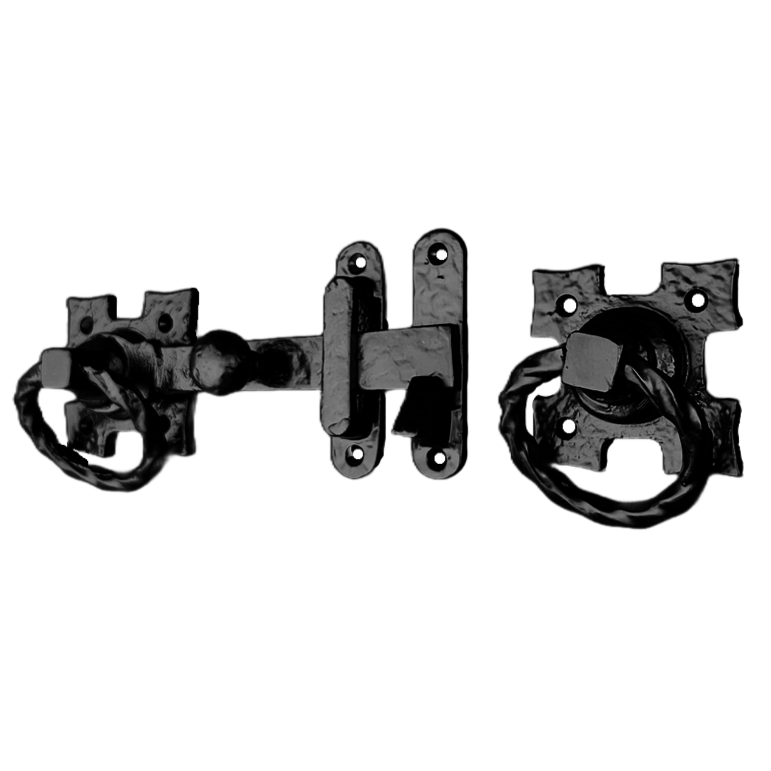 Twisted Ring Gate Latch Square Fleur de Lys Black Antique 200mm Garden Cottage