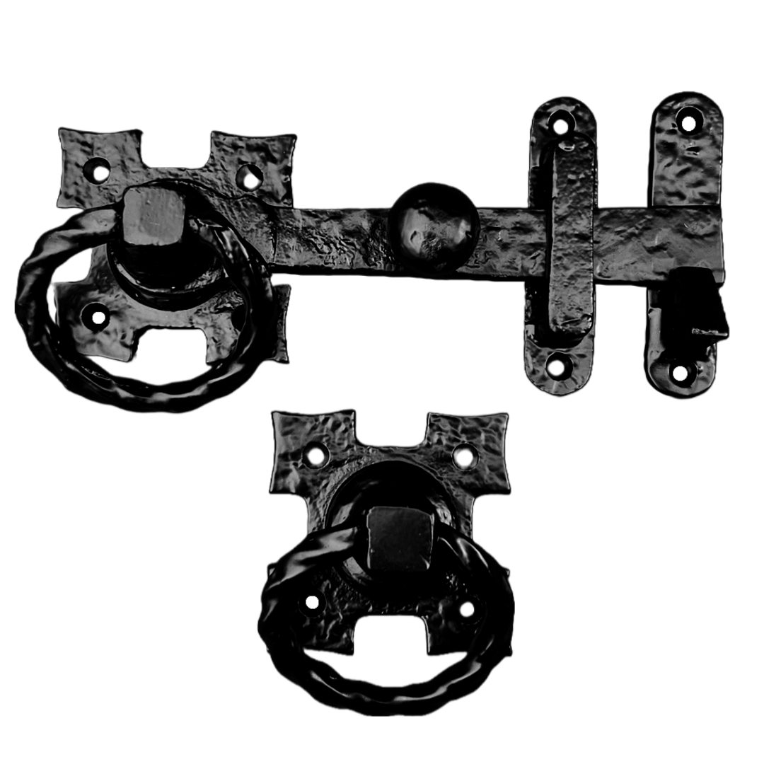 Twisted Ring Gate Latch Square Fleur de Lys Black Antique 200mm Garden Cottage