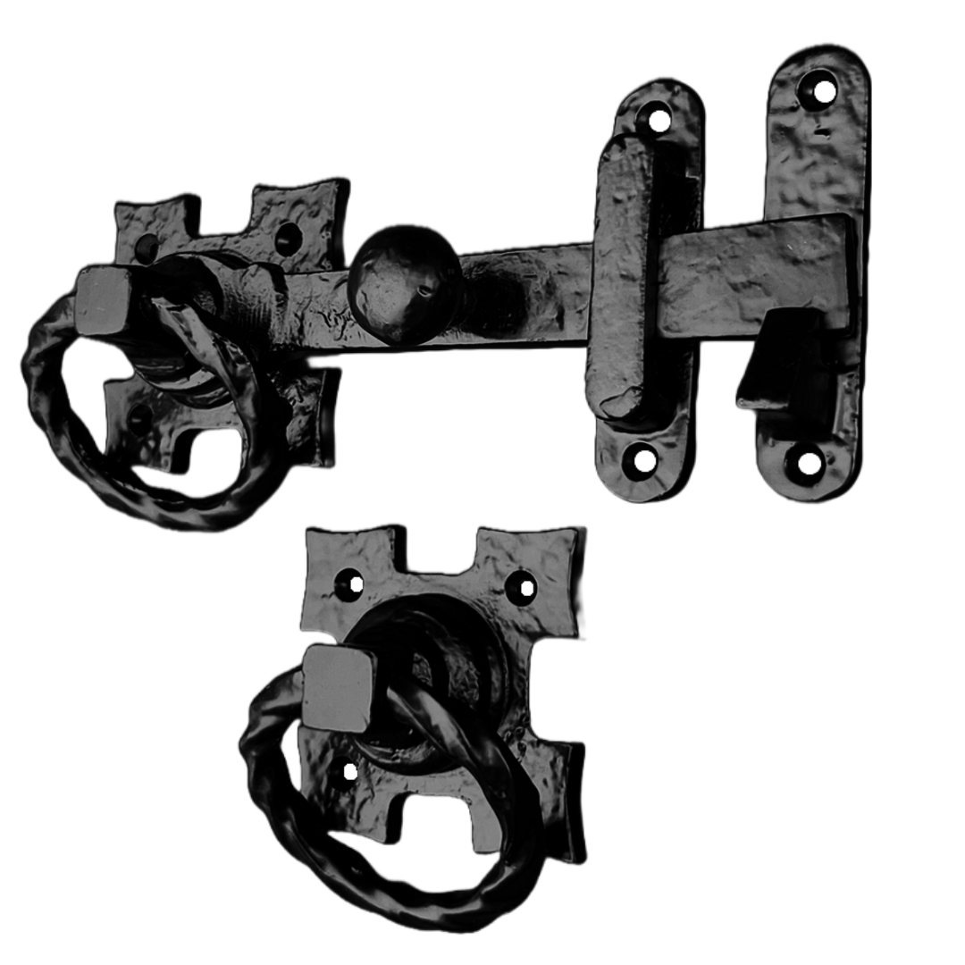 Twisted Ring Gate Latch Square Fleur de Lys Black Antique 200mm Garden Cottage