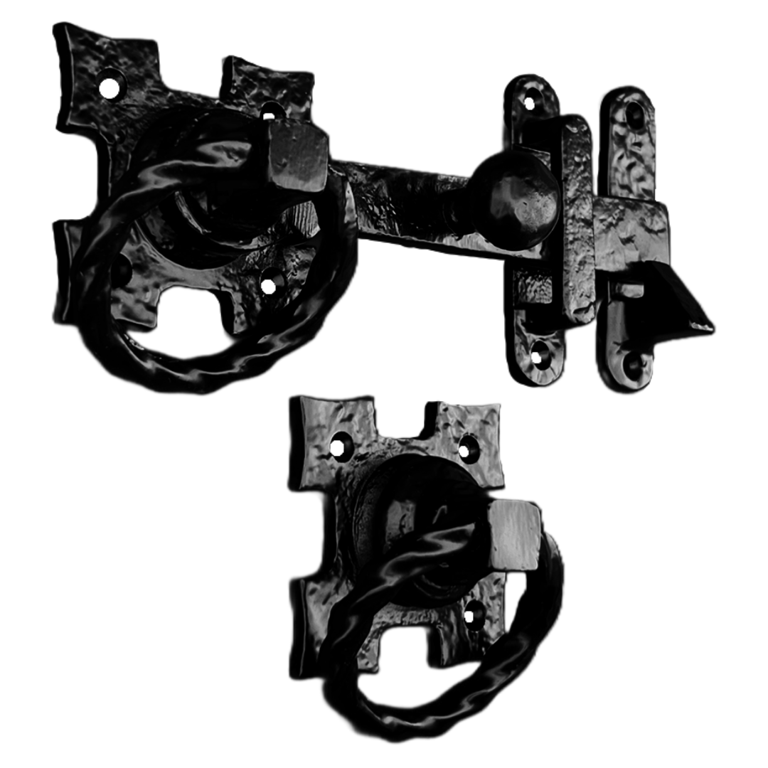 Twisted Ring Gate Latch Square Fleur de Lys Black Antique 200mm Garden Cottage