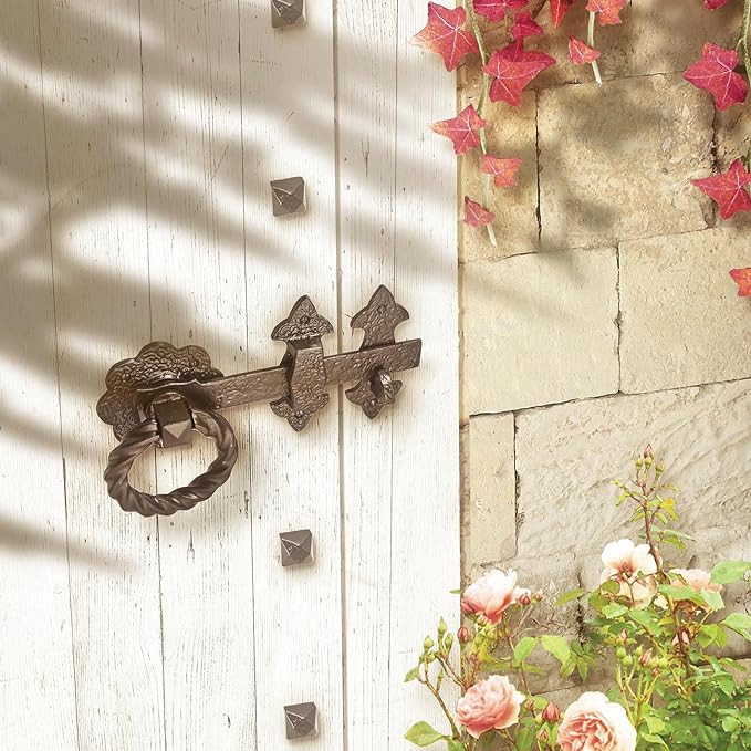 210mm Old Hill Fleur de Lys Heavy Duty Twisted Ring Gate Latch Black