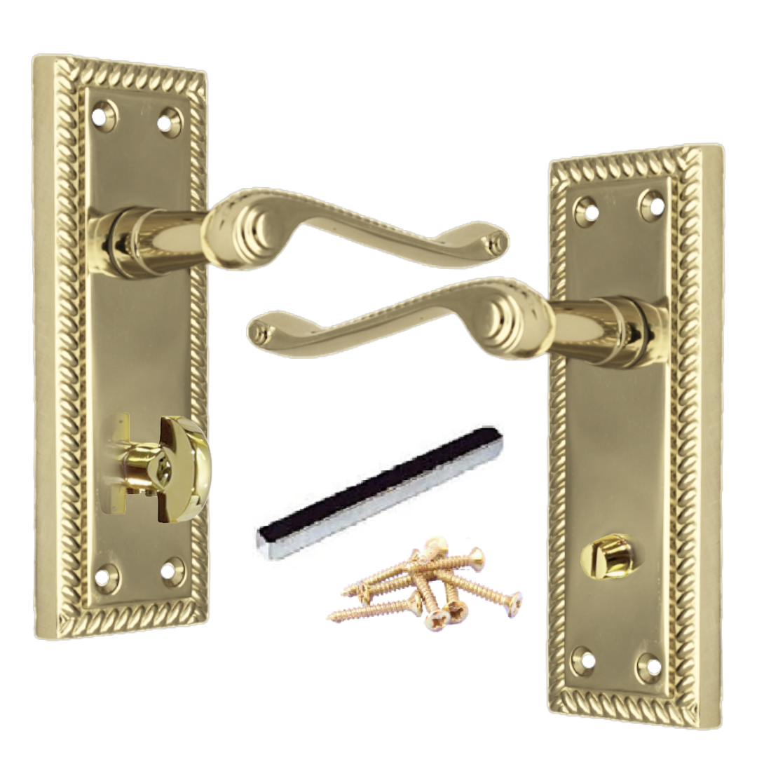 Door Handles Georgian Lever Bathroom Lock Roped Edge - Brass 150mm x 50mm