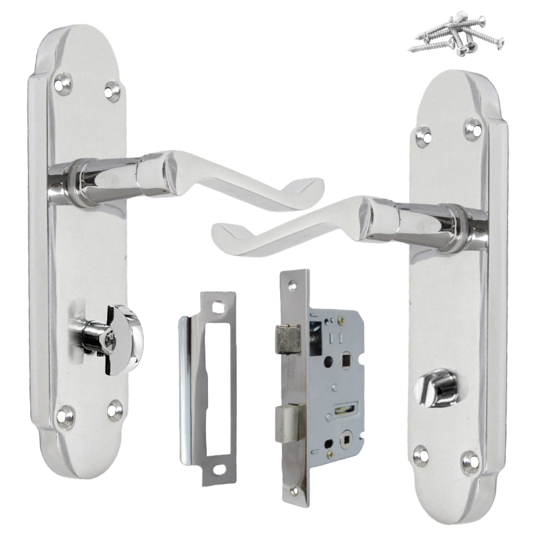 Epsom Door Handle Bathroom Lock Scroll Lever - Polished Chrome Pack