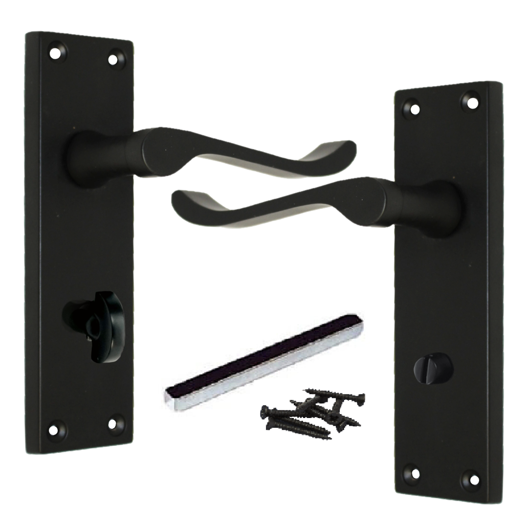 Poignées de porte victoriennes à levier et serrure de salle de bain - Noir mat 150 x 40 mm