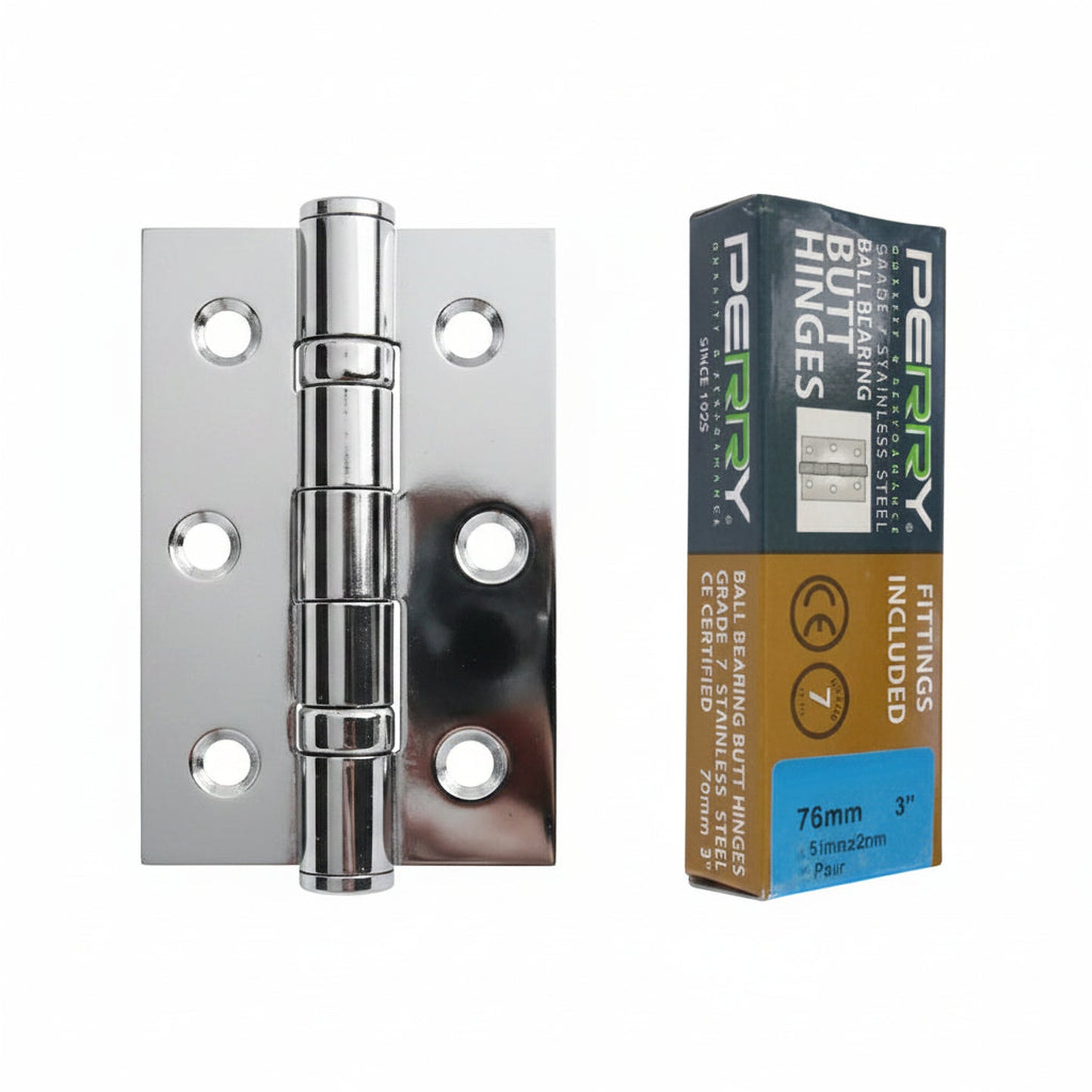 Perry Polished 75mm Stainless Steel Ball Bearing Butt Hinges - Grade 7 CE Marked - 3"