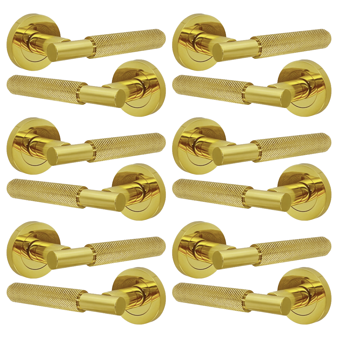 Knurled Turning Door Handles Polished Brass Lever on Round Rose Latch Handle Luxe