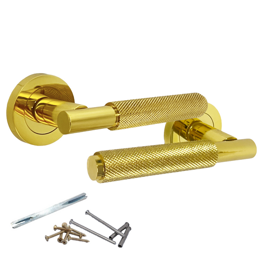Knurled Turning Door Handles Polished Brass Lever on Round Rose Latch Handle Luxe
