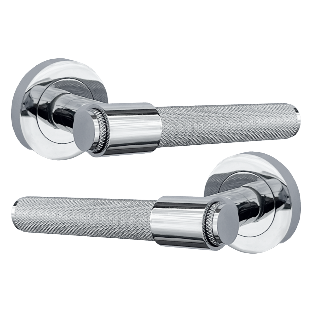 Knurled Door Handles Chrome Loop & Neck Lever on Rose Latch Set