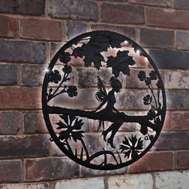 Solar Backlit Fairy Leaves Silhouette Wall Art - Outdoor Metal Garden Decor