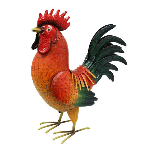 Chicken Cockerel Red Black White Metal Garden Sculpture - Lifelike Farmyard Outdoor Decoration