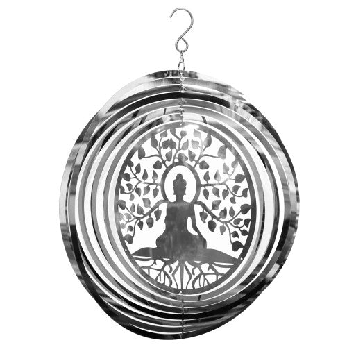Spiritual Silhouette Orbit Spinner - Stainless Steel Buddha Wind Spinner, Tree Hanger Garden Ornament, Meditation and Yoga