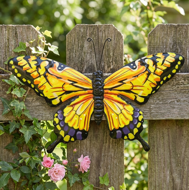 Large Butterfly Wall Art Yellow Orange - Metal Garden Fence Decoration 32 X 49cm