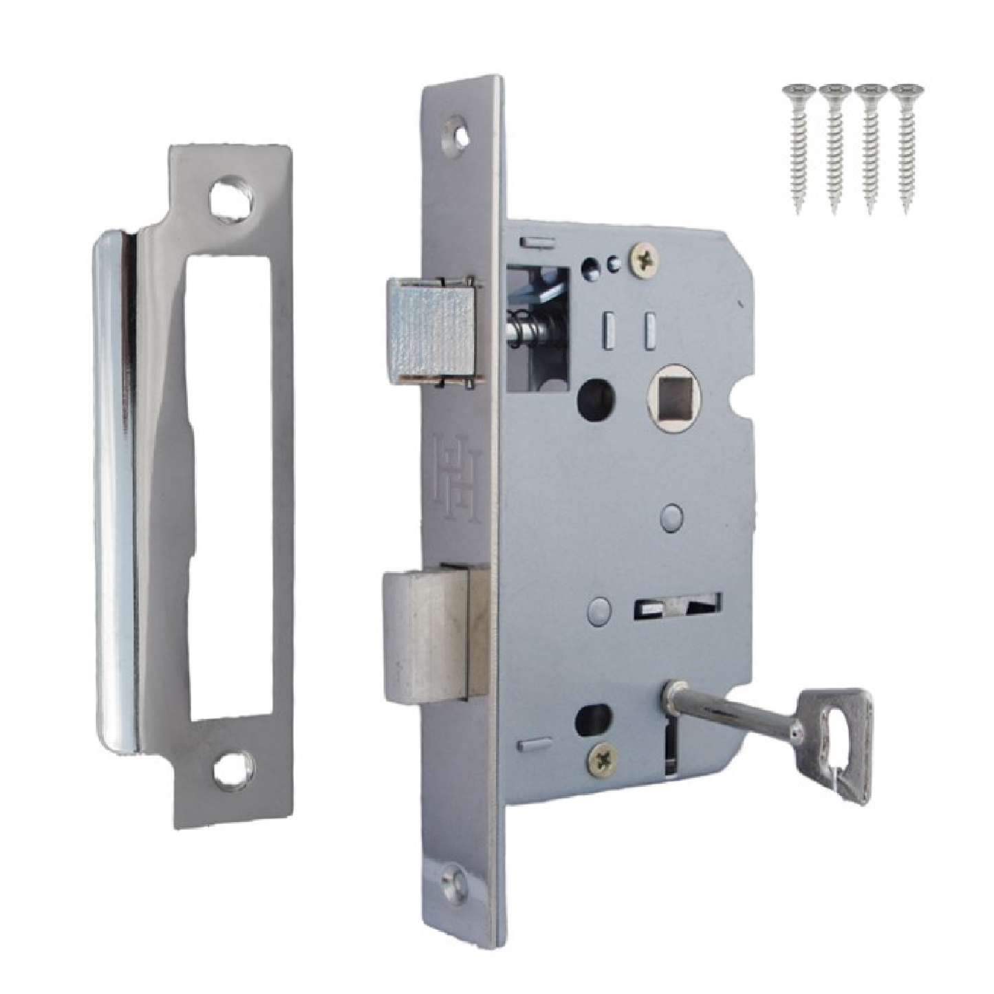 A nickel sash lock with key and bolt through reversible bathroom handle locks, including forend and strike plates with screws.