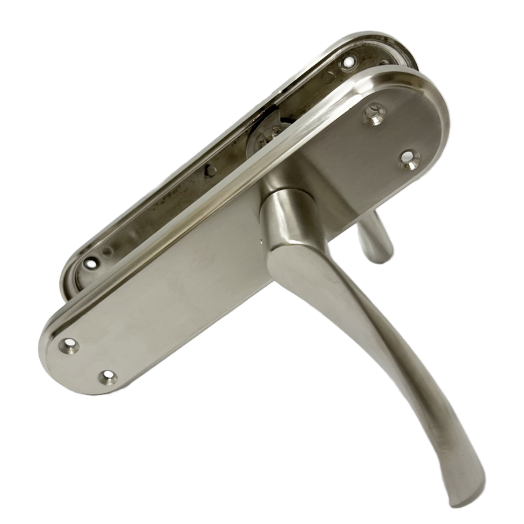 Genova Door Handles Satin Twist Lever Latch on Modern Marina Backplate