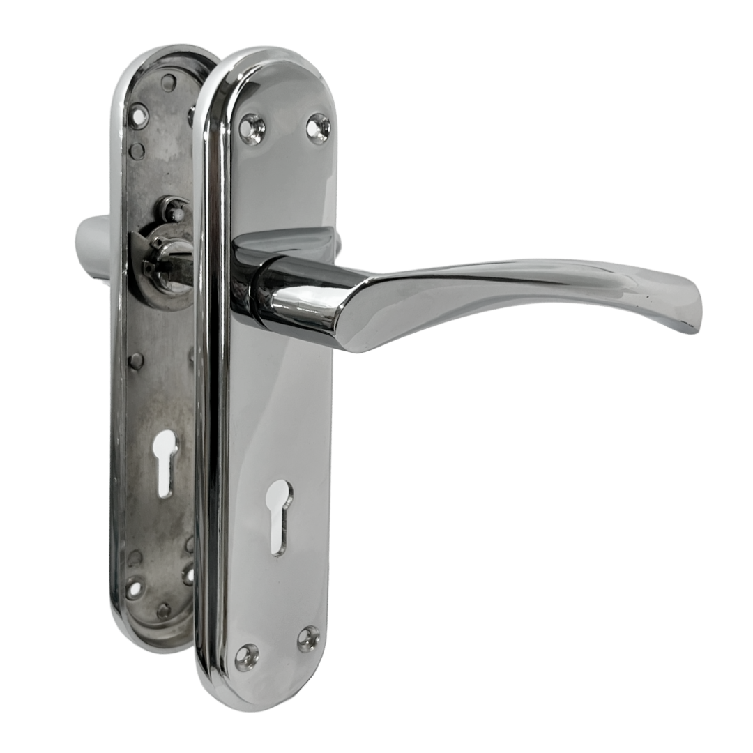 Genova Door Handles Polished Chrome Twist Lever Lock on Modern Marina Backplate