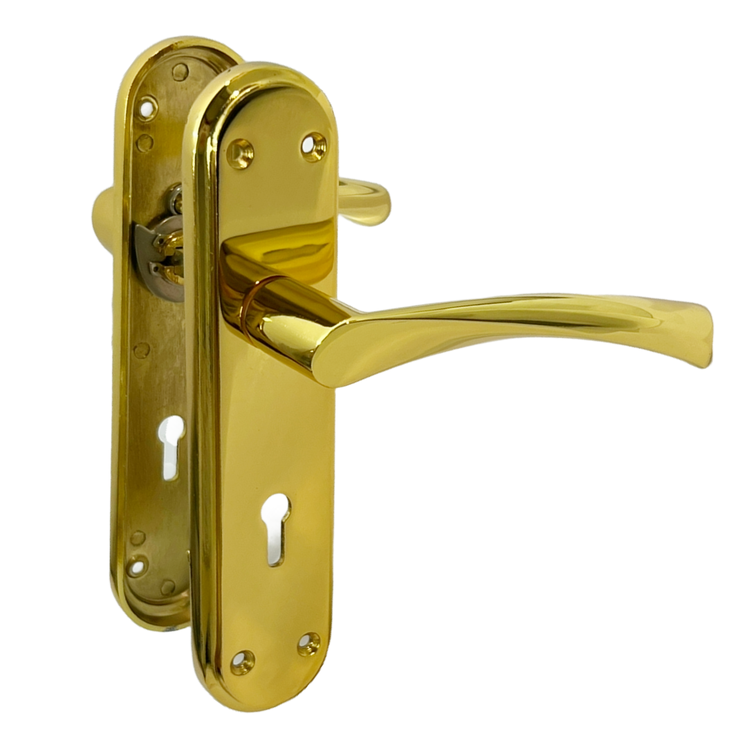 Genova Door Handles Polished Brass Twist Lever Lock on Modern Marina Backplate
