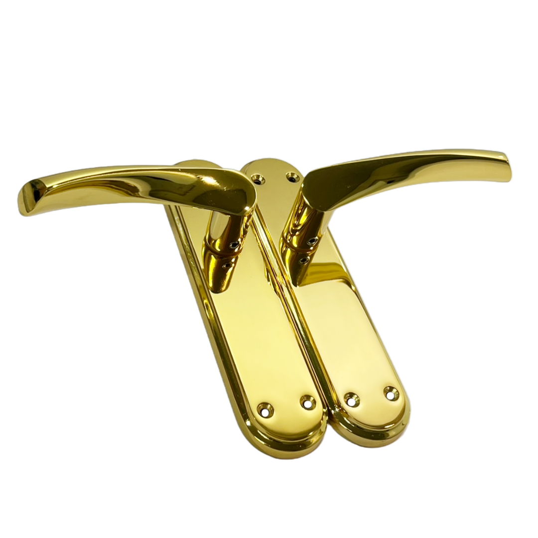 Genova Door Handles Polished Brass Twist Lever Latch on Modern Marina Backplate