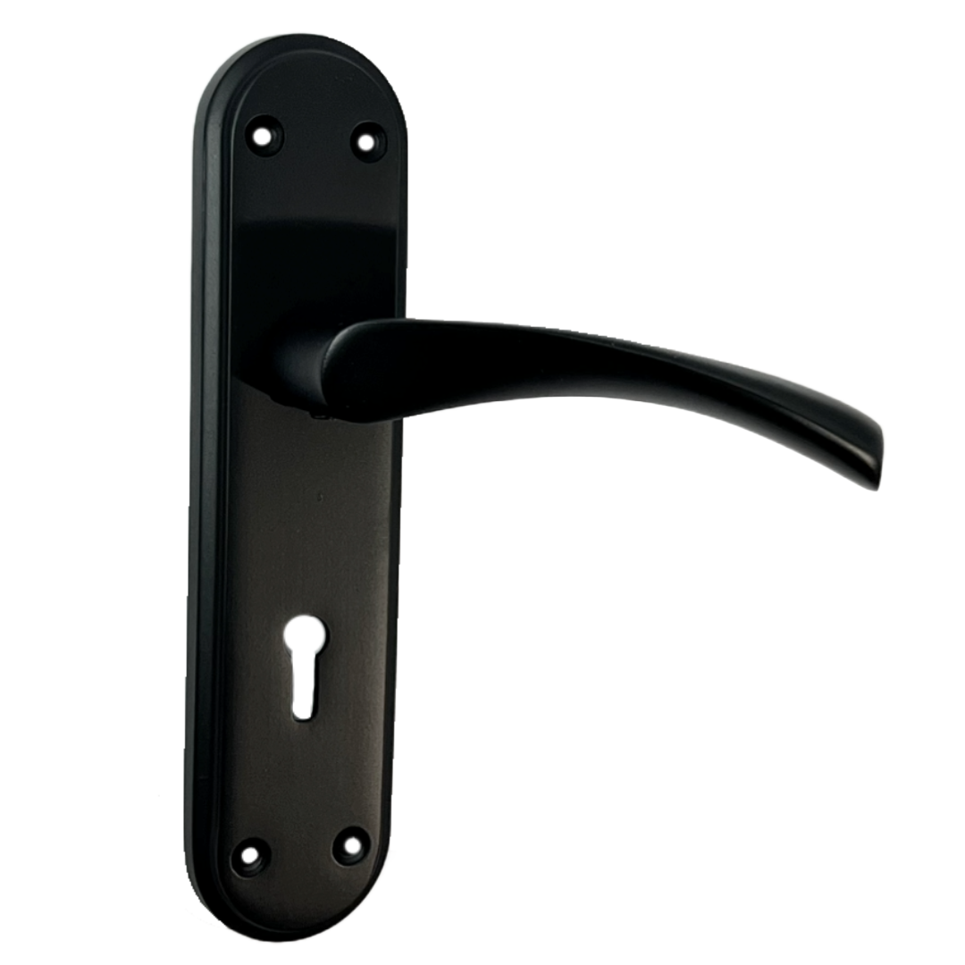 Genova Door Handles Matt Black Twist Lever Lock on Modern Marina Backplate