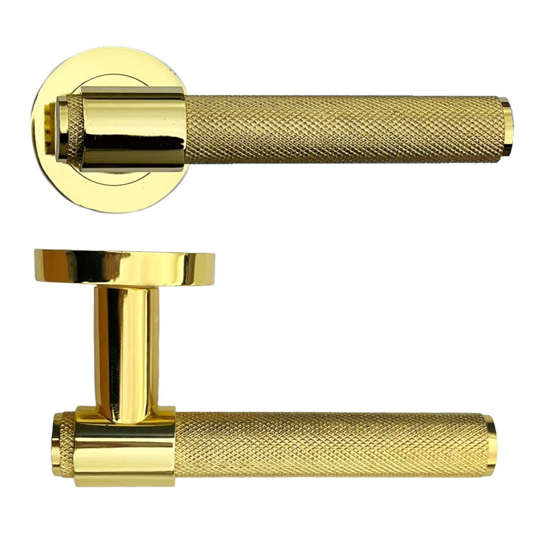 Knurled Door Handles Polished Brass Loop & Neck Lever on Round Rose Latch Handle Luxe