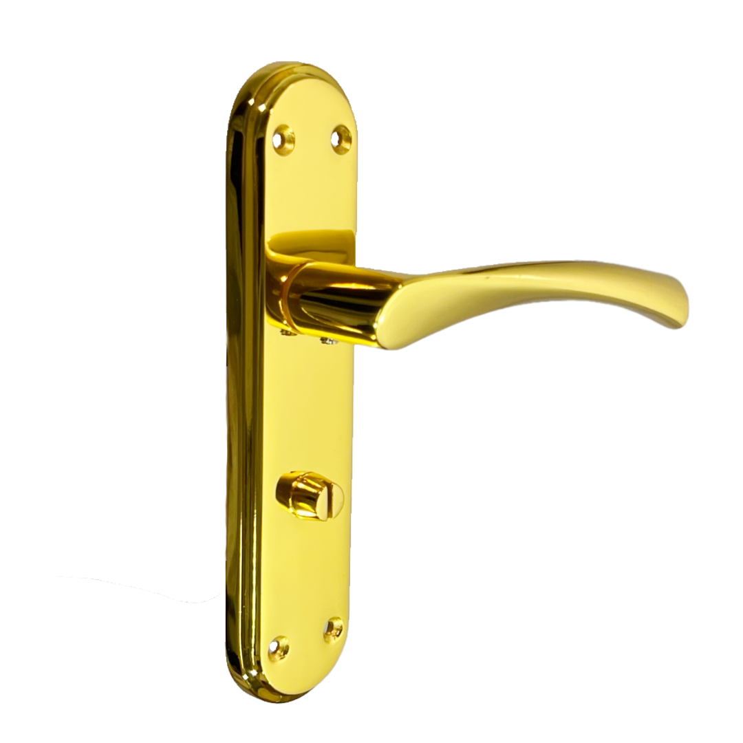 Genova Door Handles Polished Brass Twist Lever Bathroom Lock on Modern Marina Backplate