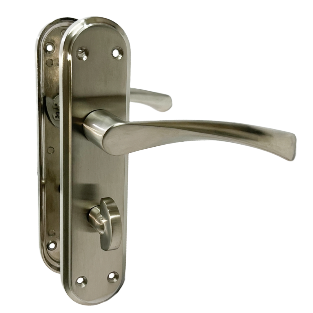 Genova Door Handles Satin Twist Lever Bathroom Lock on Modern Marina Backplate