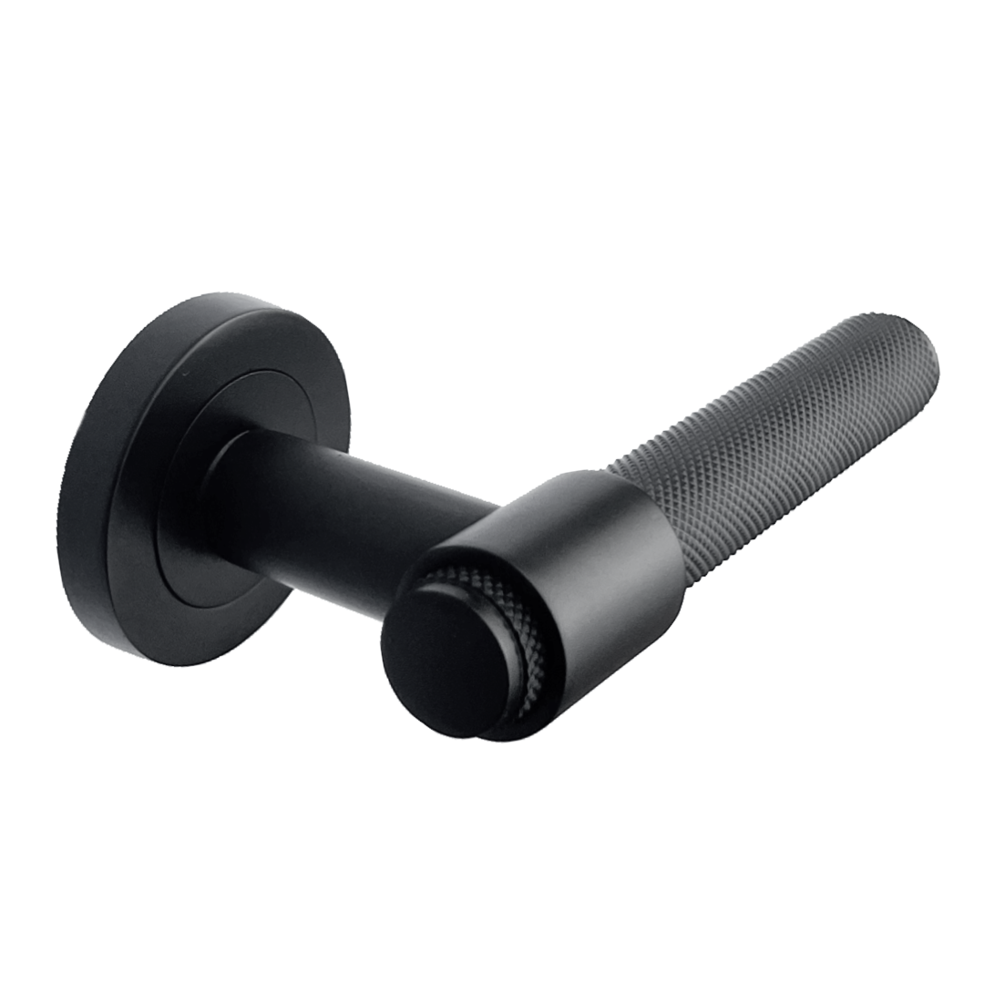 Knurled Door Handles Matt Black Loop & Neck Lever on Round Rose Latch Handle Luxe