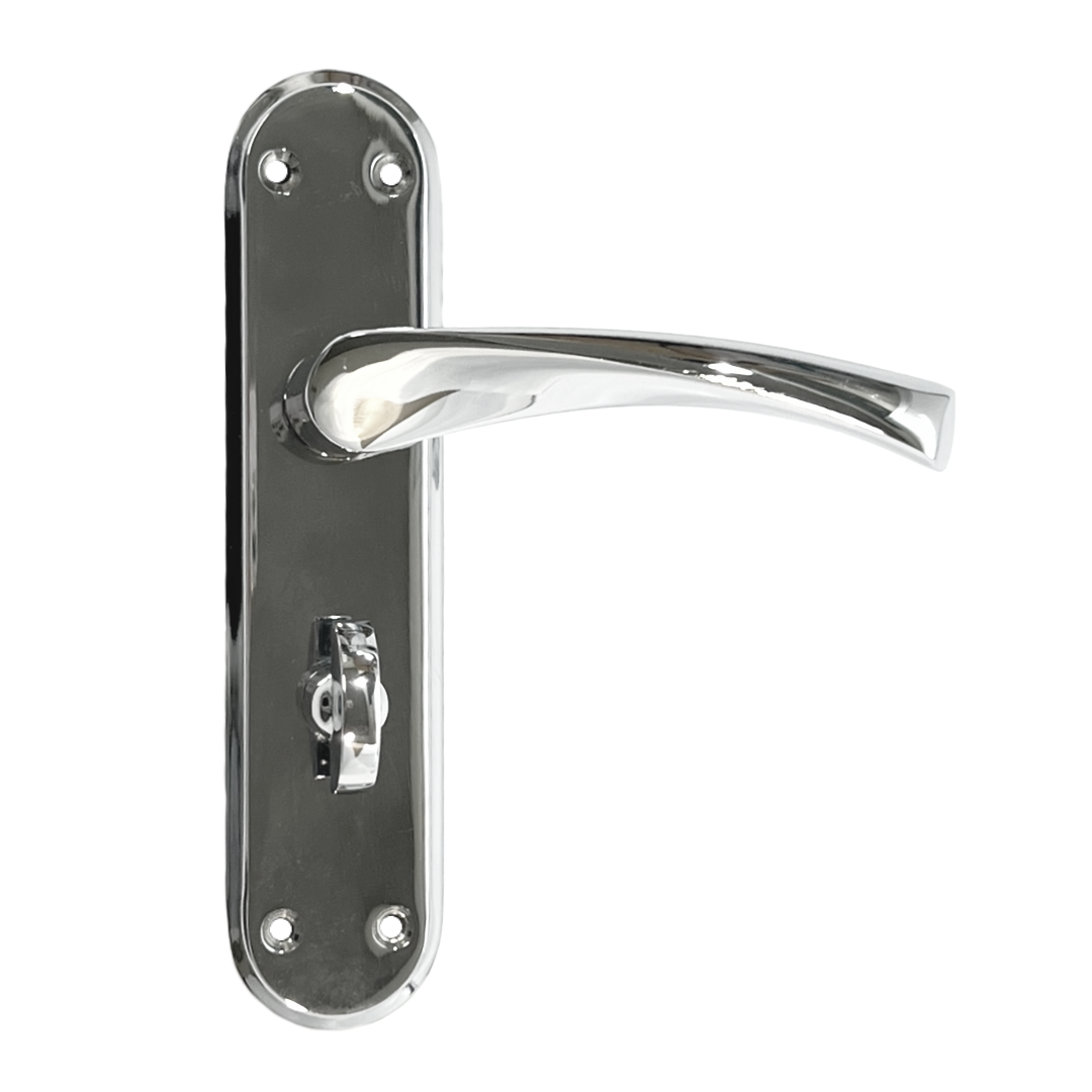 Genova Door Handles Polished Chrome Twist Lever Bathroom Lock on Modern Marina Backplate