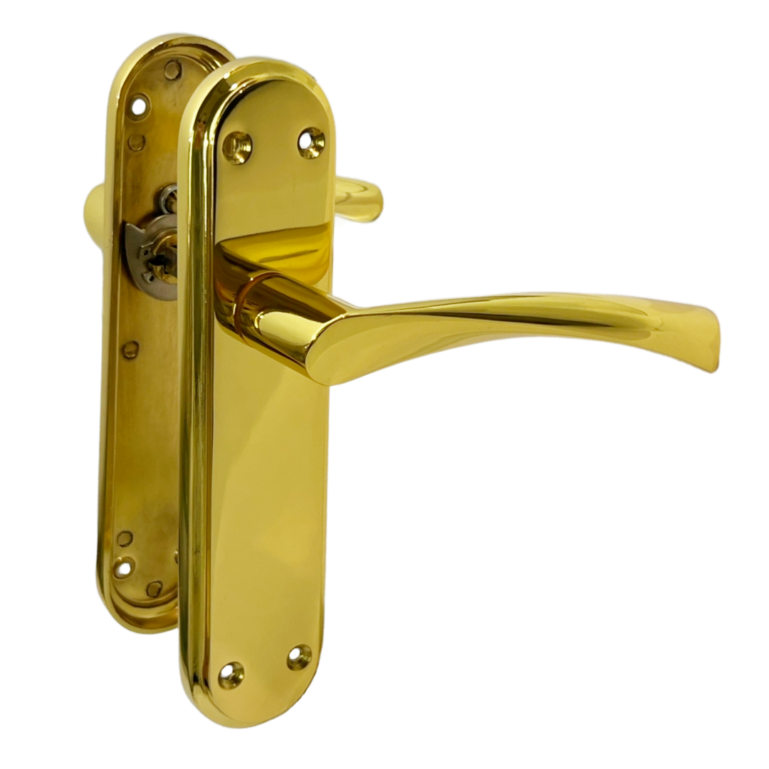 Genova Door Handles Polished Brass Twist Lever Latch on Modern Marina Backplate
