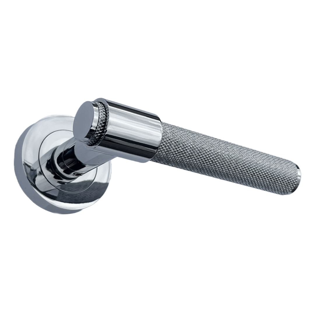 Knurled Door Handles Polished Chrome Loop & Neck Lever on Round Rose Latch Handle Luxe