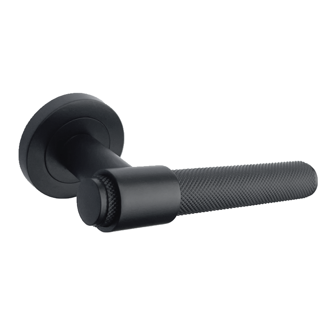 Knurled Door Handles Matt Black Loop & Neck Lever on Round Rose Latch Handle Luxe