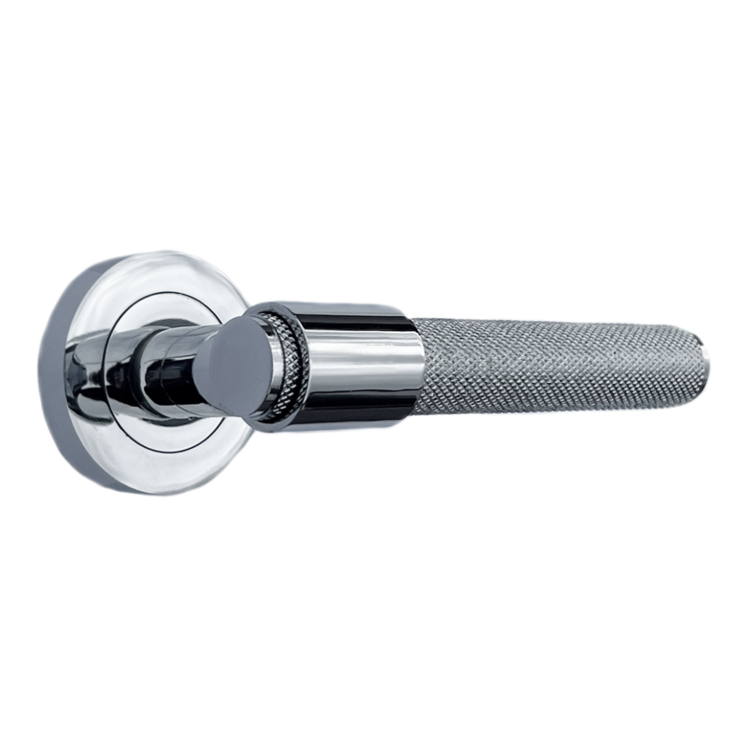 Knurled Door Handles Polished Chrome Loop & Neck Lever on Round Rose Latch Handle Luxe
