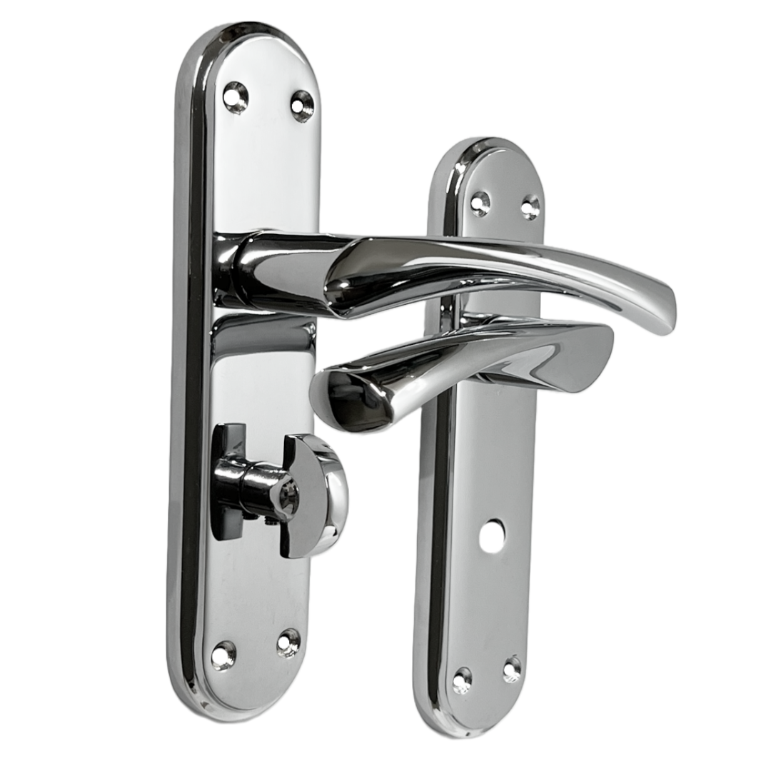 Genova Door Handles Polished Chrome Twist Lever Bathroom Lock on Modern Marina Backplate