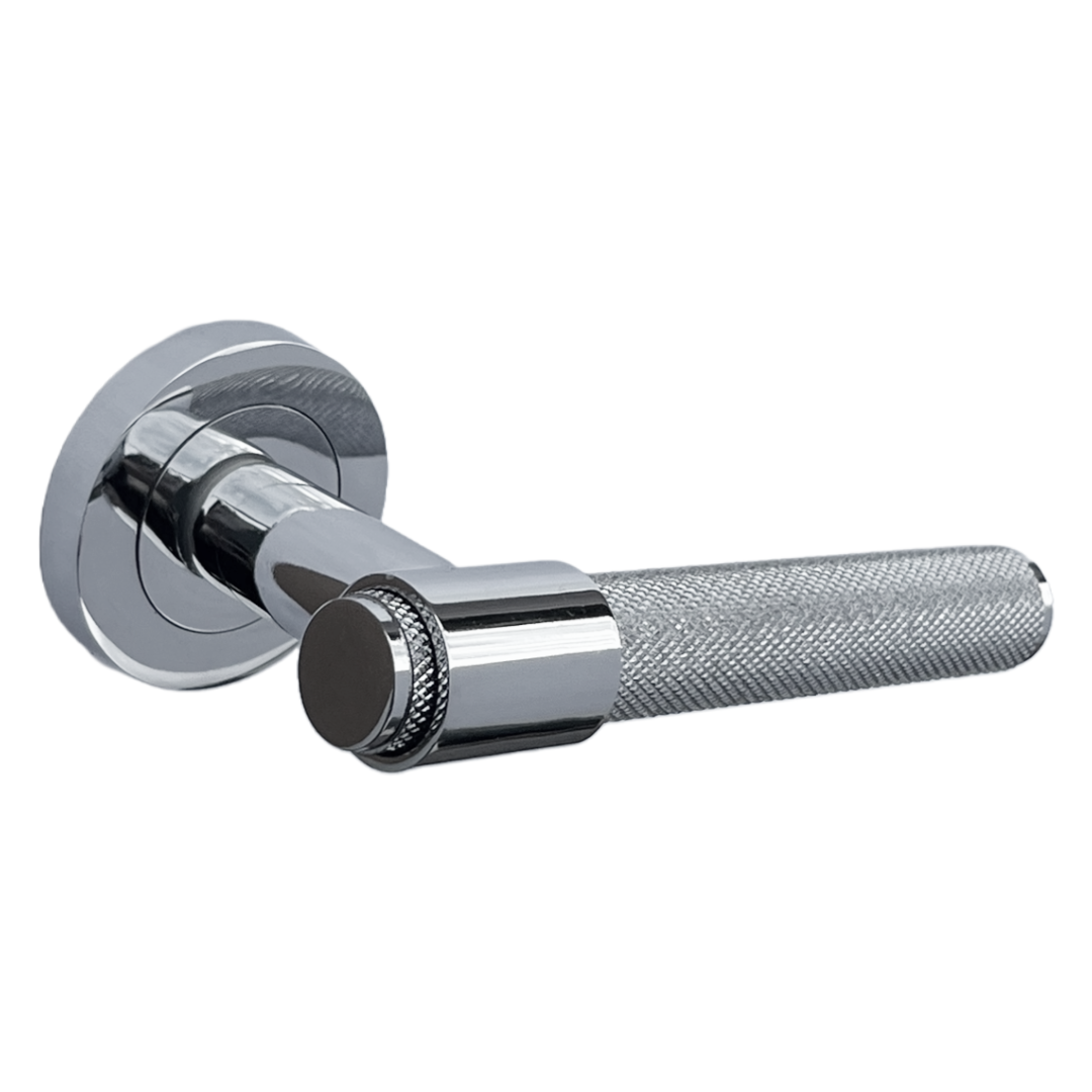 Knurled Door Handles Polished Chrome Loop & Neck Lever on Round Rose Latch Handle Luxe