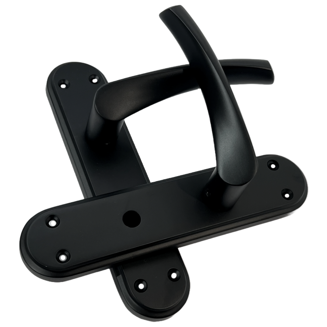 Genova Door Handles Matt Black Twist Lever Bathroom Lock on Modern Marina Backplate