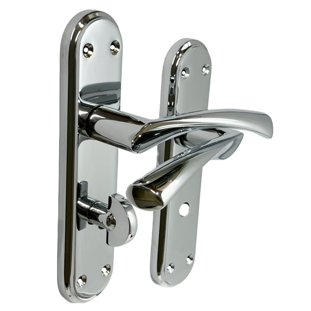 Genova Door Handles Polished Chrome Twist Lever Bathroom Lock on Modern Marina Backplate