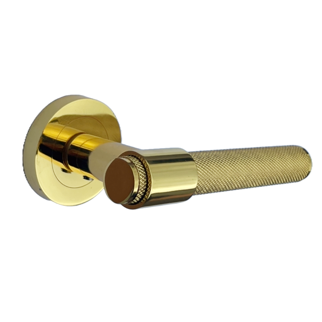 Knurled Door Handles Polished Brass Loop & Neck Lever on Round Rose Latch Handle Luxe