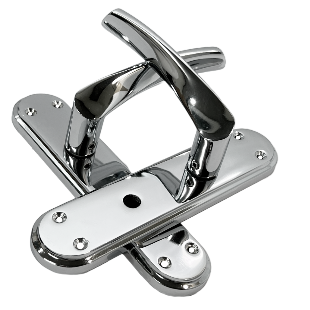 Genova Door Handles Polished Chrome Twist Lever Bathroom Lock on Modern Marina Backplate