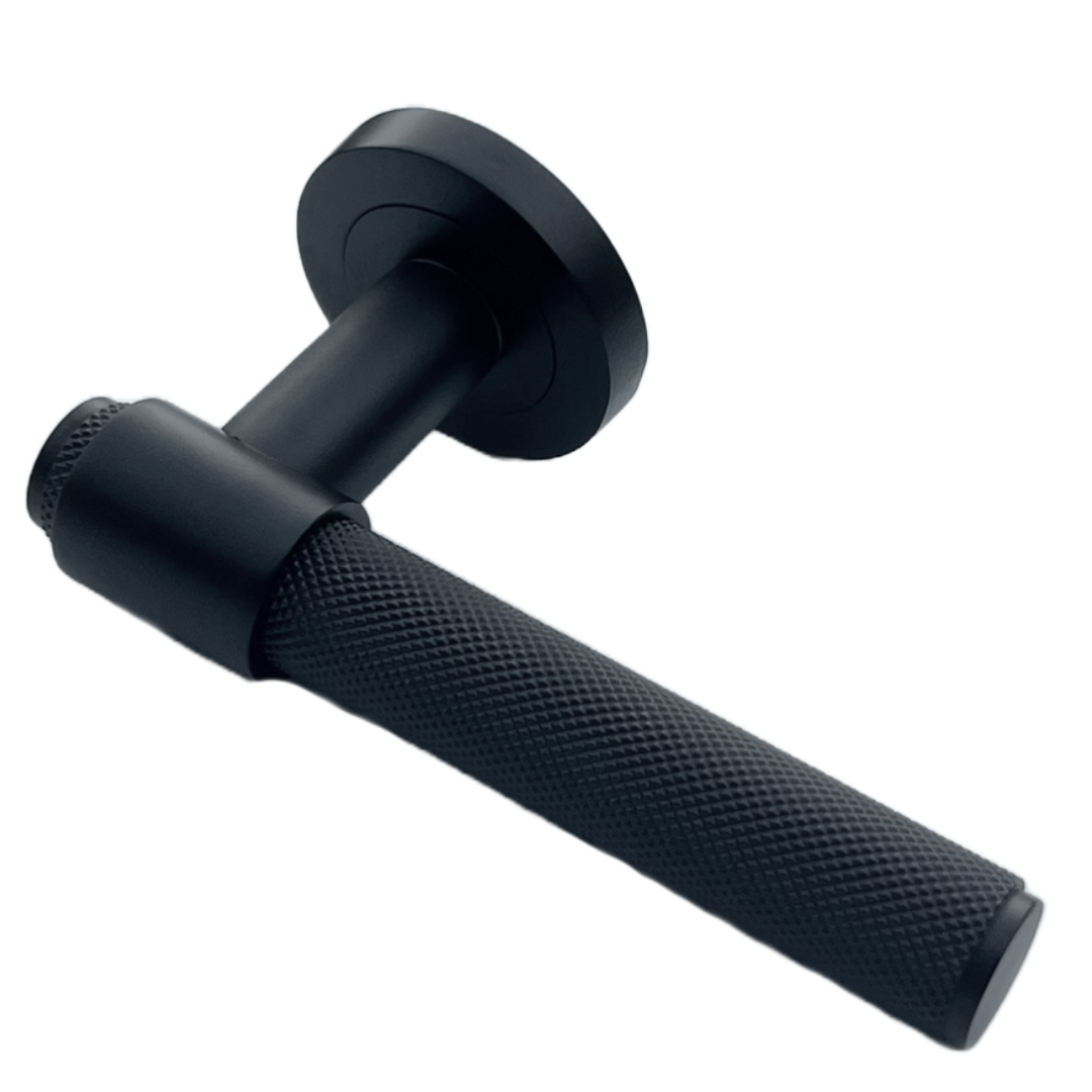 Knurled Door Handles Matt Black Loop & Neck Lever on Round Rose Latch Handle Luxe