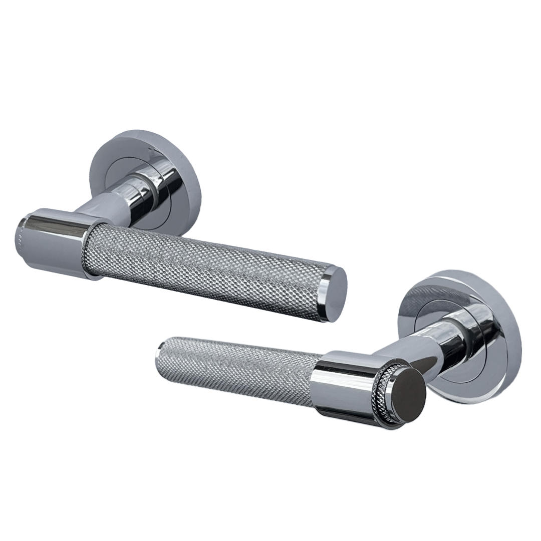 Knurled Door Handles Polished Chrome Loop & Neck Lever on Round Rose Latch Handle Luxe