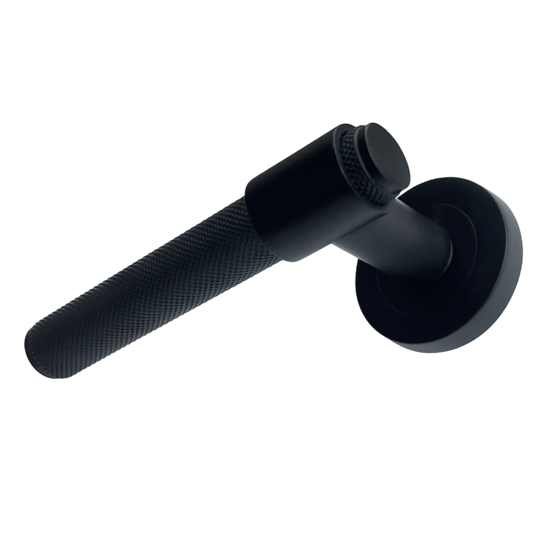 Knurled Door Handles Matt Black Loop & Neck Lever on Round Rose Latch Handle Luxe