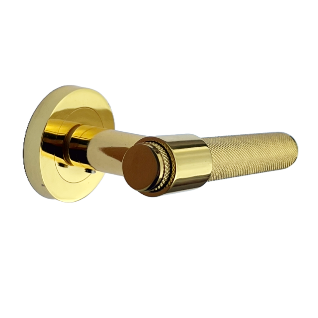 Knurled Door Handles Polished Brass Loop & Neck Lever on Round Rose Latch Handle Luxe