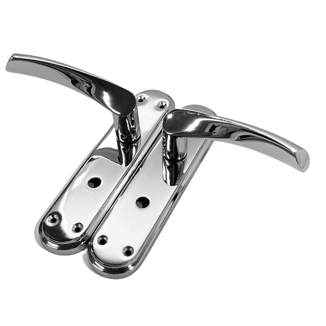 Genova Door Handles Polished Chrome Twist Lever Bathroom Lock on Modern Marina Backplate