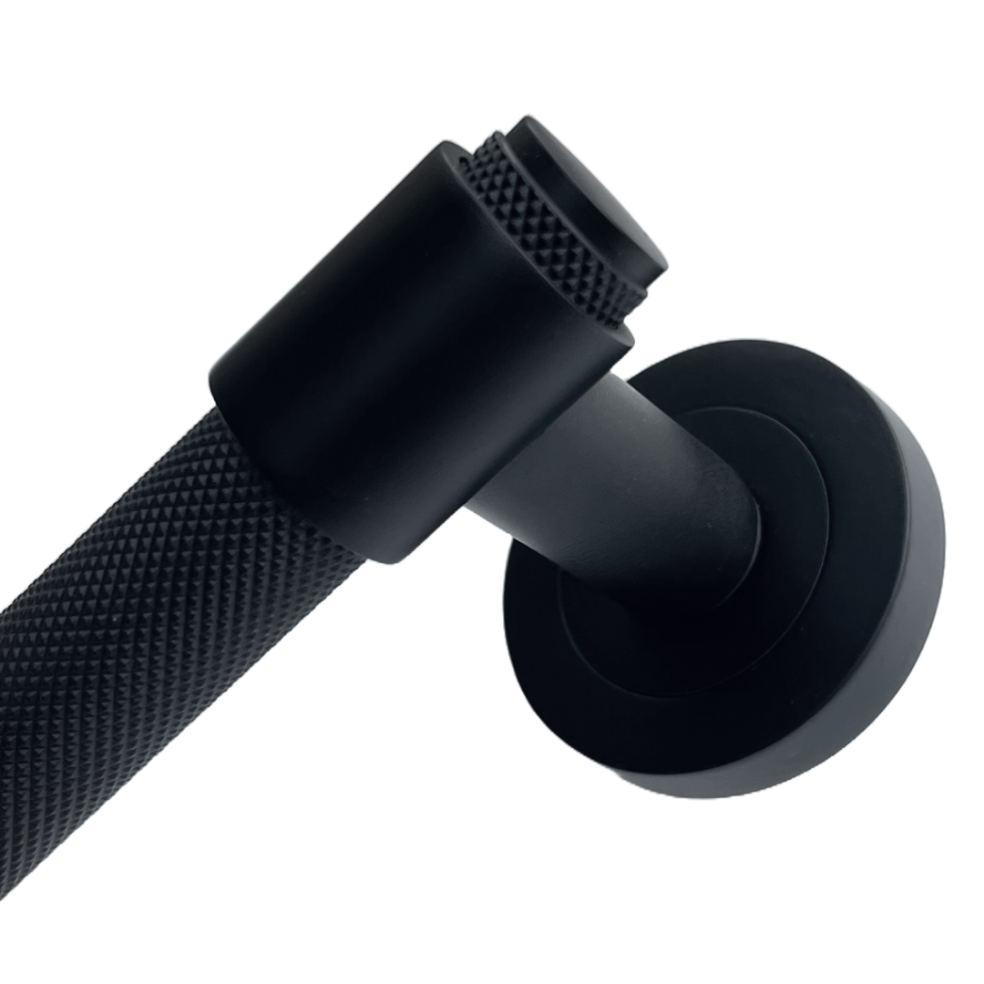 Knurled Door Handles Matt Black Loop & Neck Lever on Round Rose Latch Handle Luxe