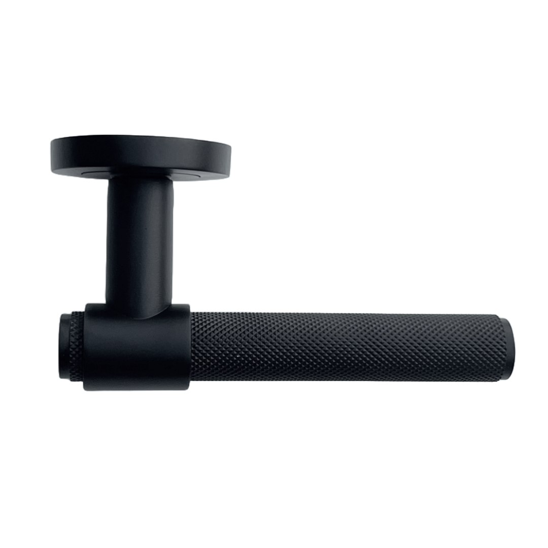 Knurled Door Handles Matt Black Loop & Neck Lever on Round Rose Latch Handle Luxe
